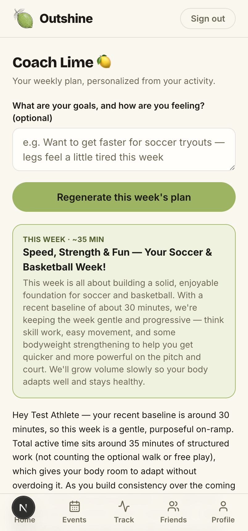 Coach Lime — Outshine app screen