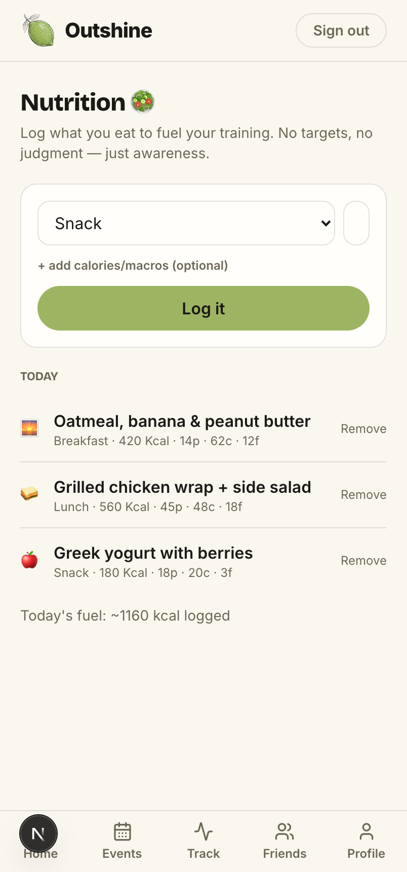 Fuel your training — Outshine app screen